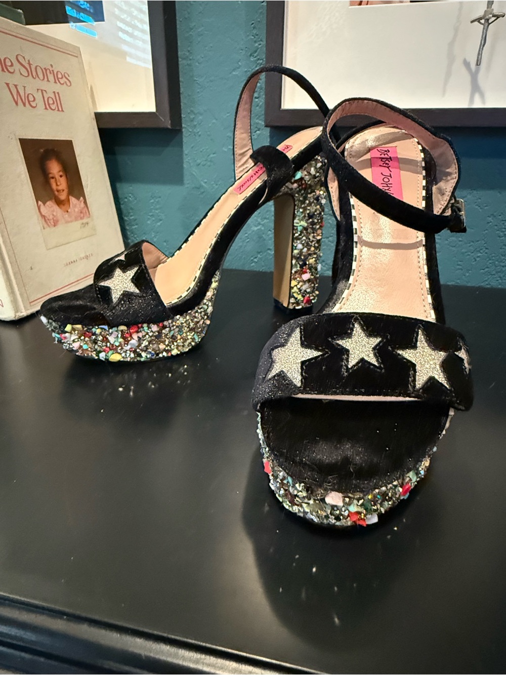 Betsey Johnson Black Star Velvet Platform Sandals